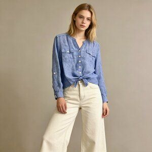 NWOT John Mark Linen Long Roll-Tab Sleeve Shirt Tunic Blouse Top Size PL Blue